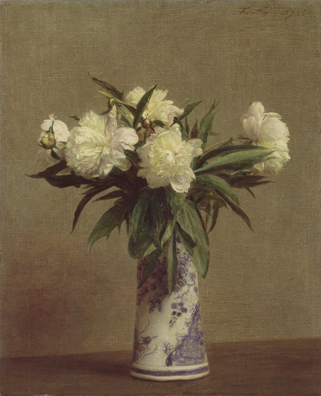 Pioenen in een Blauwe en Witte Vaas, 1872 door Ignace Henri Jean Fantin Latour