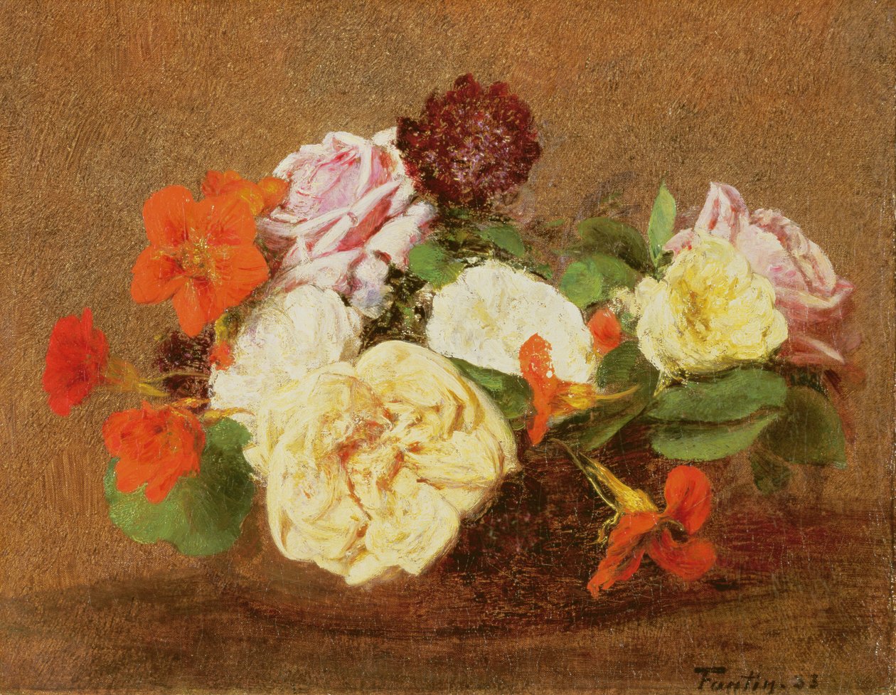Rozen en Oost-Indische kers in een Vaas, 1883 door Ignace Henri Jean Fantin Latour