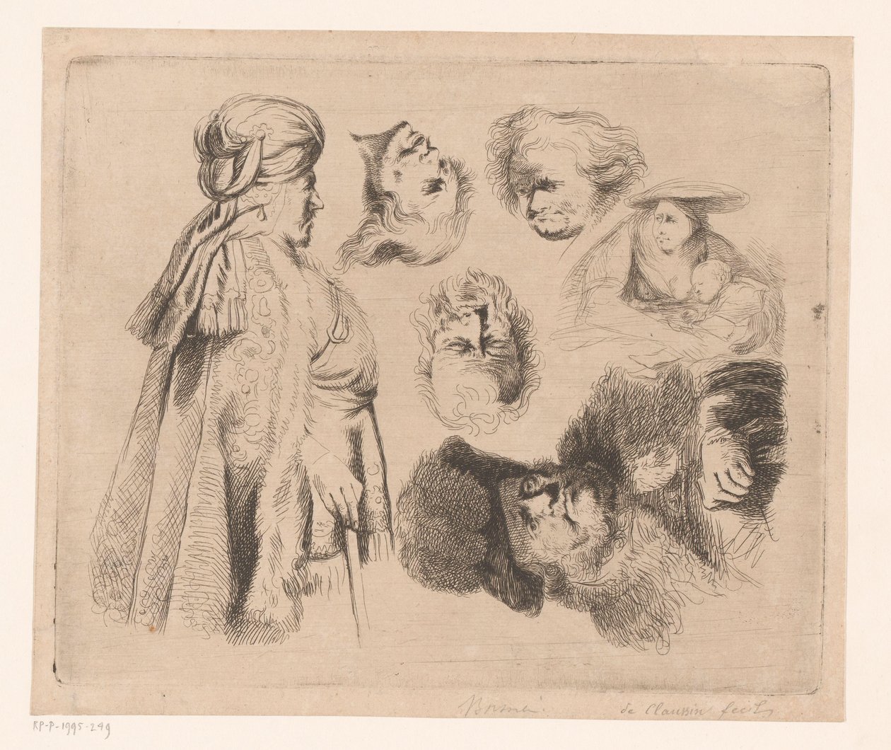 Compositie met Oosterse man, vrouw met kind en vier hoofden van mannen door Ignace Joseph de Claussin (attributed to)