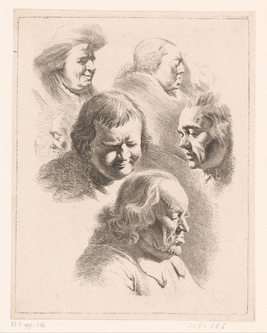 Compositie met zes hoofden van mannen en vrouwen met gesloten ogen door Ignace Joseph de Claussin (attributed to)