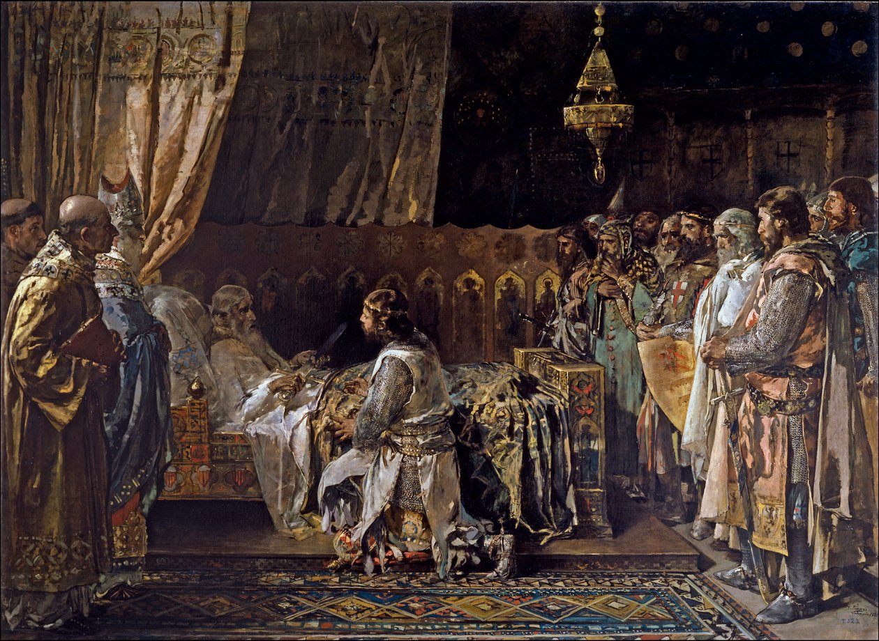 Jacques I van Aragon geeft zijn zwaard aan zijn zoon Pedro door Ignacio Pinazo Camarlech