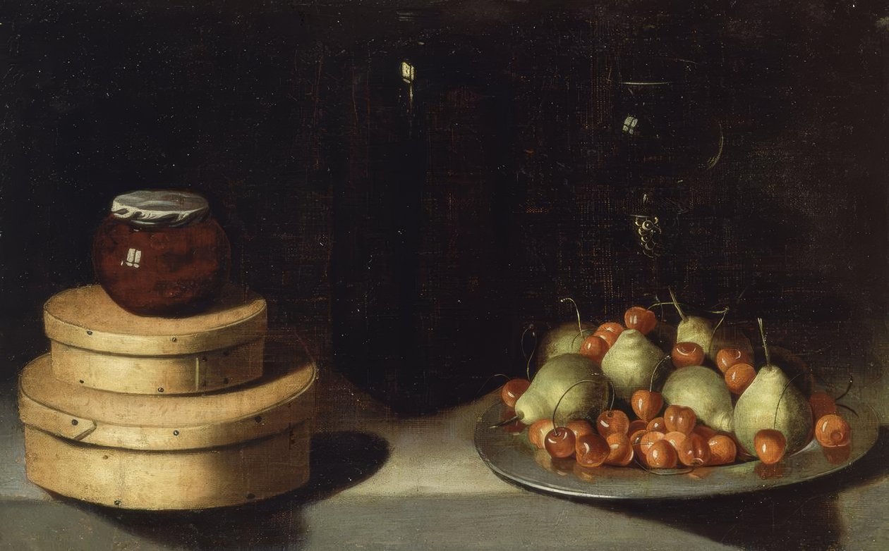 Stilleven (schaal met kersen en peren, dozen en pot honing) door Ignacio Zuloaga y Zabaleta
