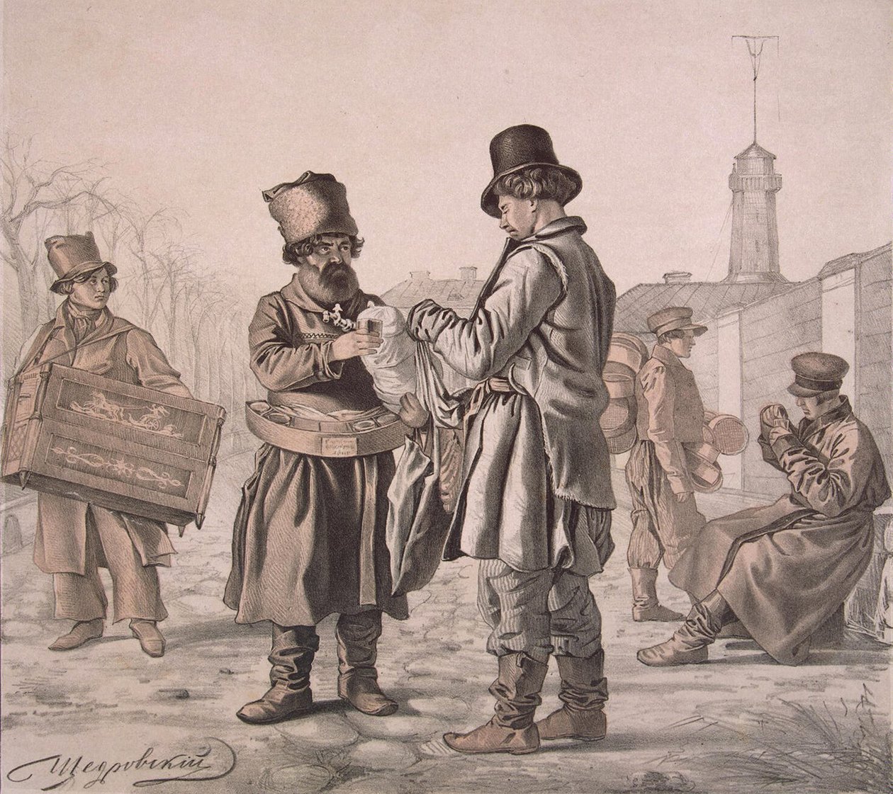 Straat Sbiten-verkoper uit de serie Dit zijn onze mensen, 1842 door Ignati Stepanovich Shchedrovsky
