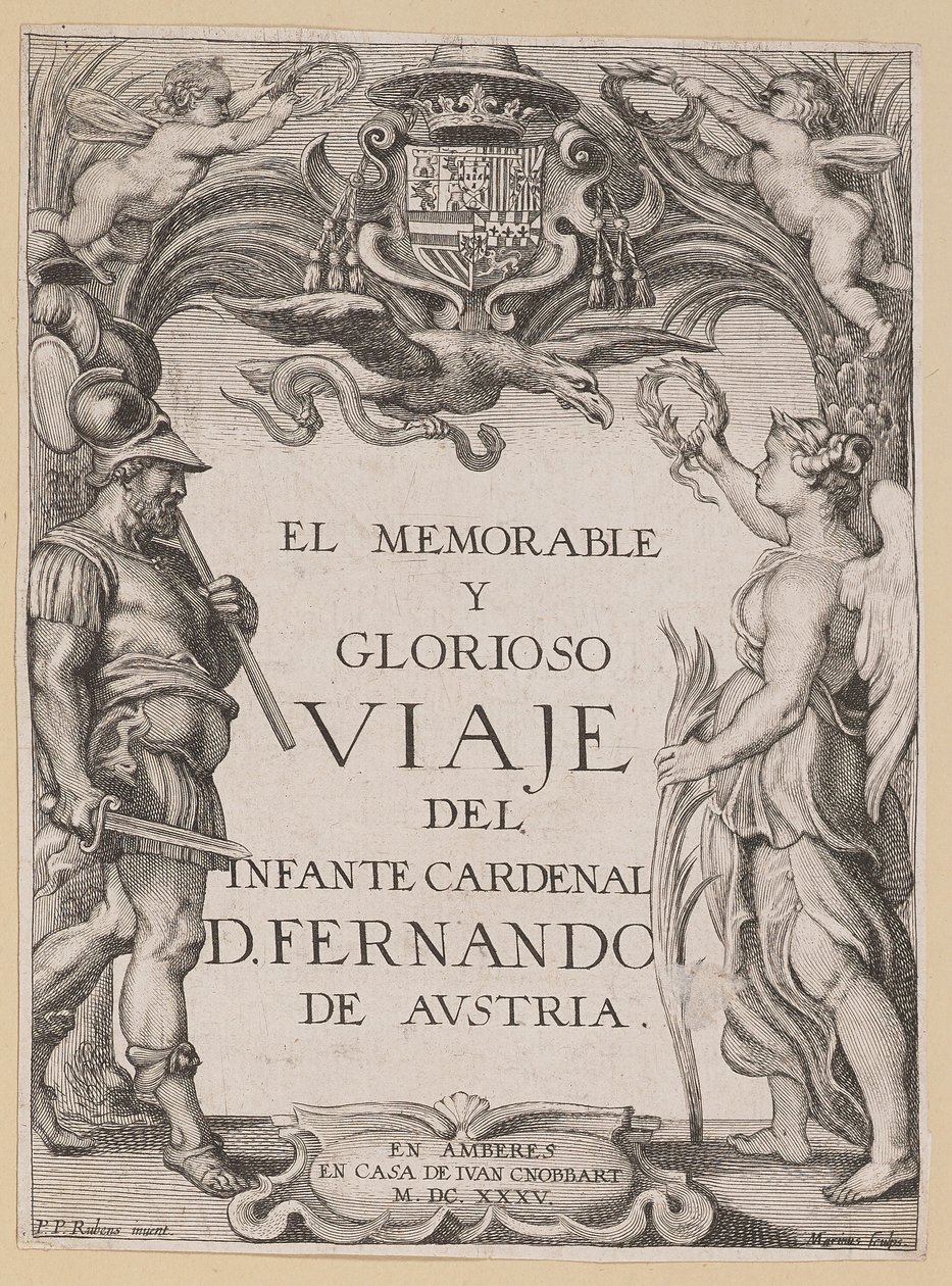 Titelpagina voor D. De Aedo y Gallert, El...Viaje del Infante Cardenal... door Ignatius Cornelis Marinus after Sir Peter Paul Rubens