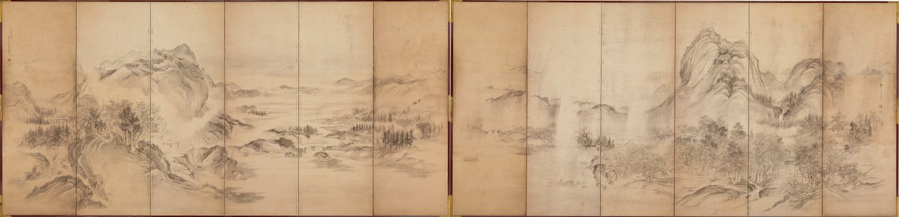 Berggezichten, achterkant van een zesdelig scherm, Edo-periode door Ikeda Koson