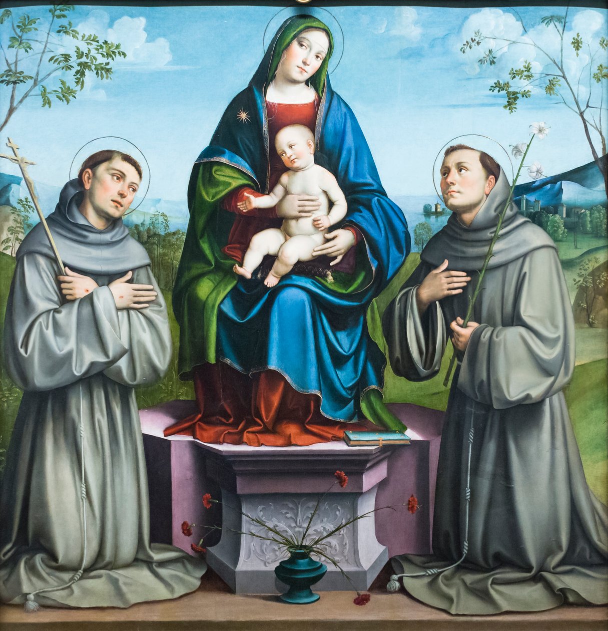 Madonna en Kind met Sint Franciscus van Assisi en Sint Antonius van Padua door Il (1450 1517) Francia