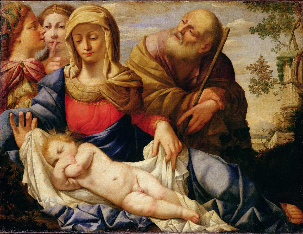 Heilige Familie met Twee Vrouwelijke Figuren, midden 17e eeuw door Il (1609-85) Sassoferrato