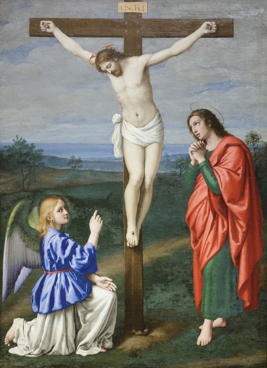 Gekruisigde Christus tussen een engel en Sint Johannes de Evangelist door Il (1609-85) Sassoferrato