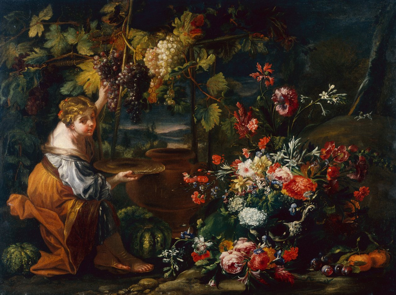 Jong Meisje dat Druiven Plukt door Il and Brueghel Abraham Borgognone