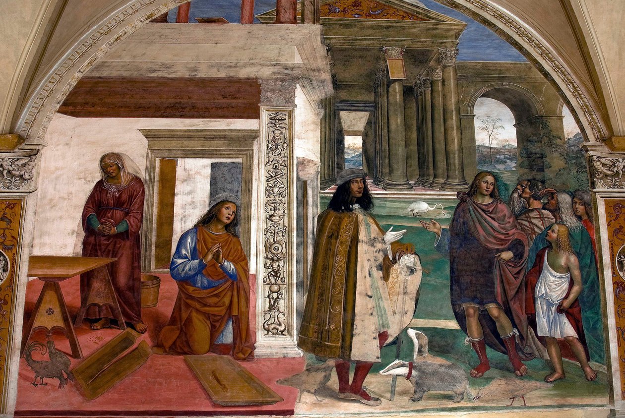 Het leven van Sint Benedictus, Scène 3: Benedictus repareert een gebroken vergiet door gebed door Il Sodoma
