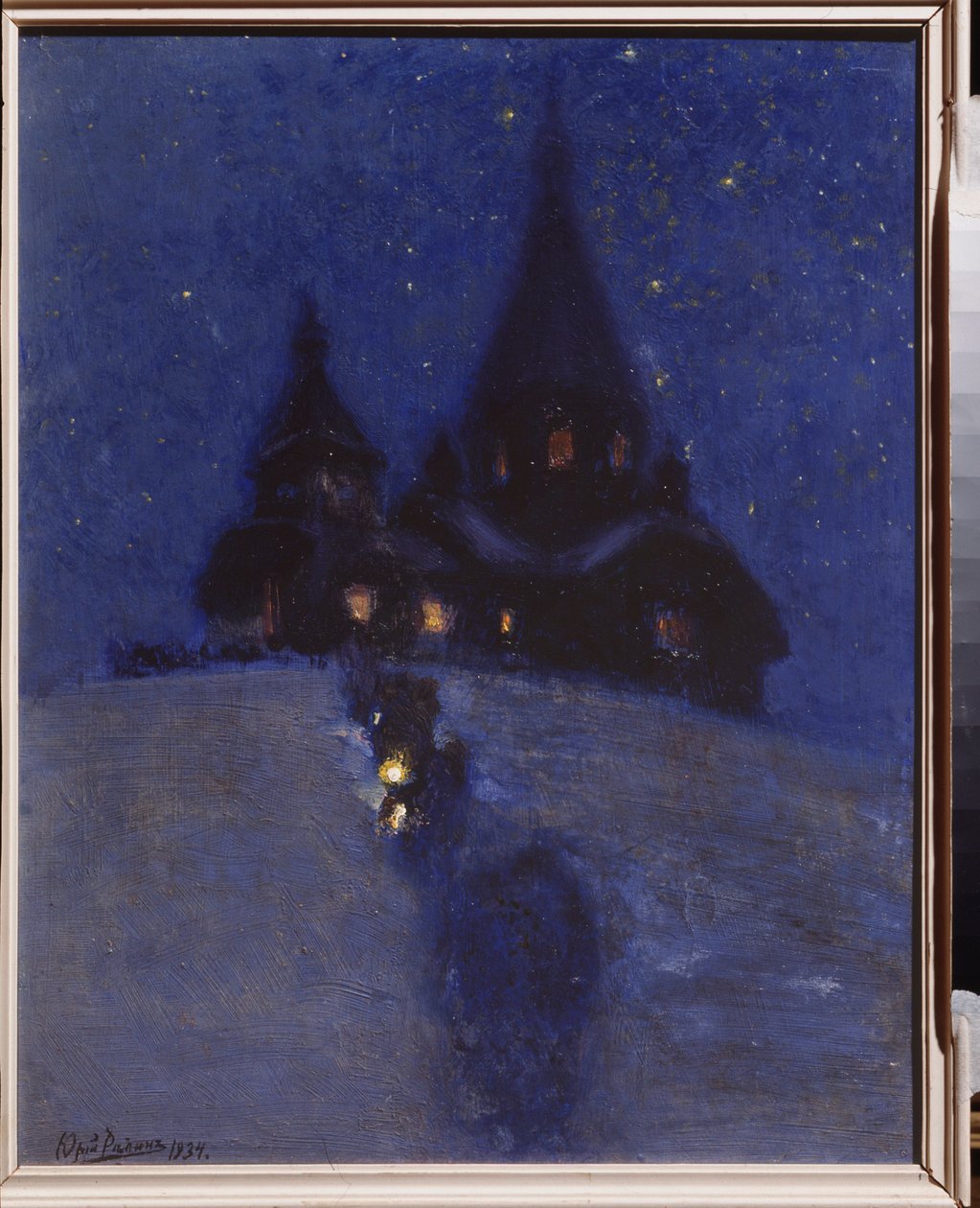 Kerk in Kuokkala (of Repino, Rusland) op kerstavond. door Ilya Efimovich Repin