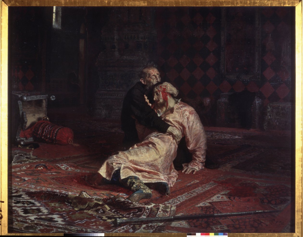 Ivan IV de Verschrikkelijke omhelst zijn zoon Ivan Ivanovich die hij dodelijk verwondde tijdens een ruzie op vrijdag 16 november 1581 door Ilya Efimovich Repin