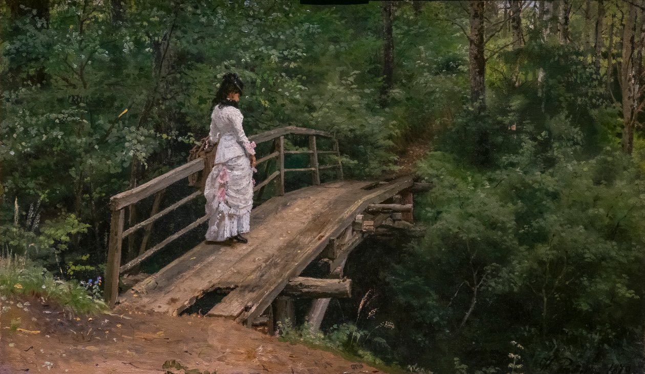 Zomerlandschap. Vera Repine op een kleine brug in Abramtsevo door Ilya Efimovich Repin