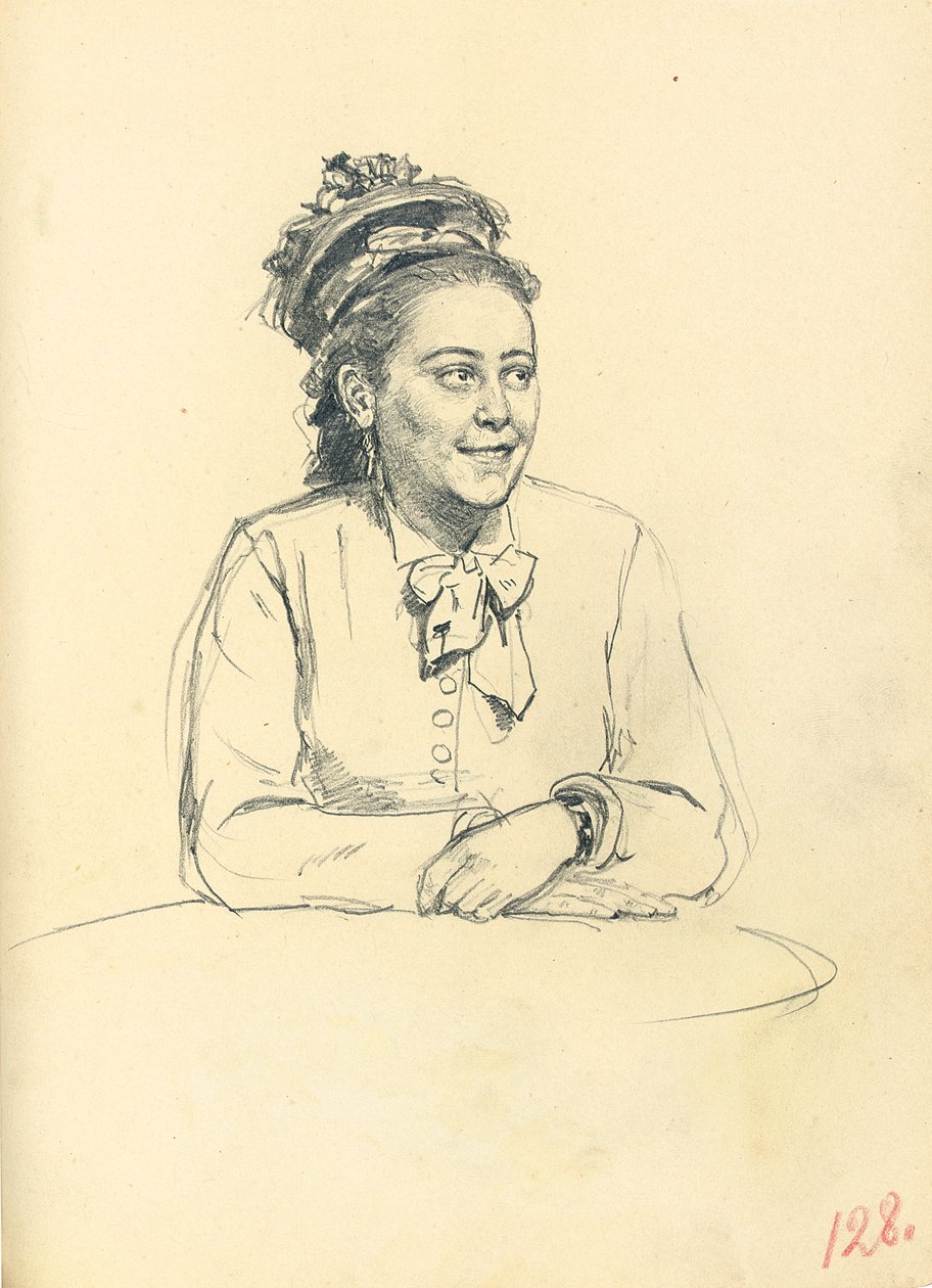 Studie voor "Een Parijse Café": Zittende Vrouw met Strik en Gevouwen Handen, ca. 1872-1875 door Ilya Efimovich Repin