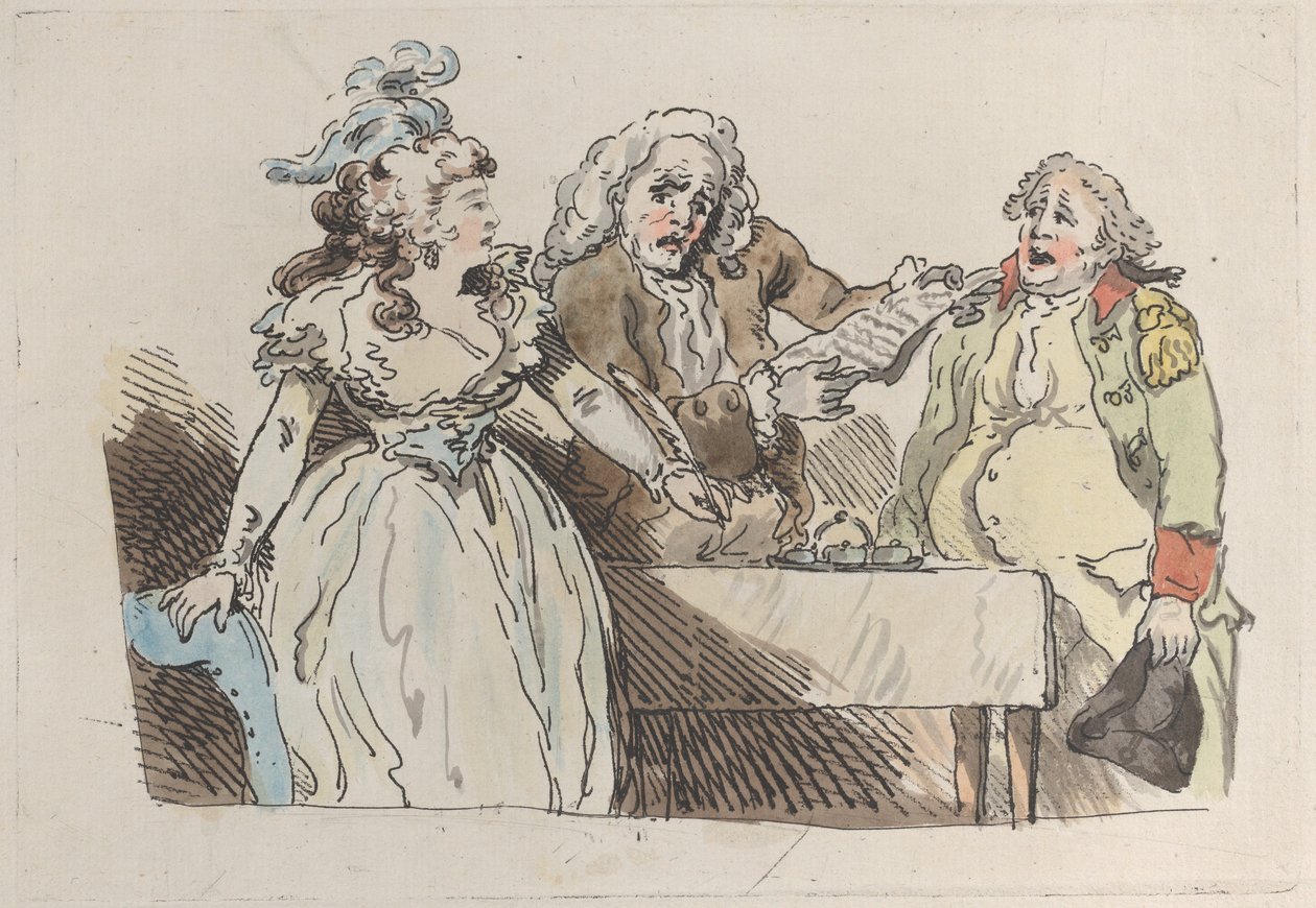 Een jonge erfgename bereidt zich voor om een document te ondertekenen door Imitator of Thomas Rowlandson.