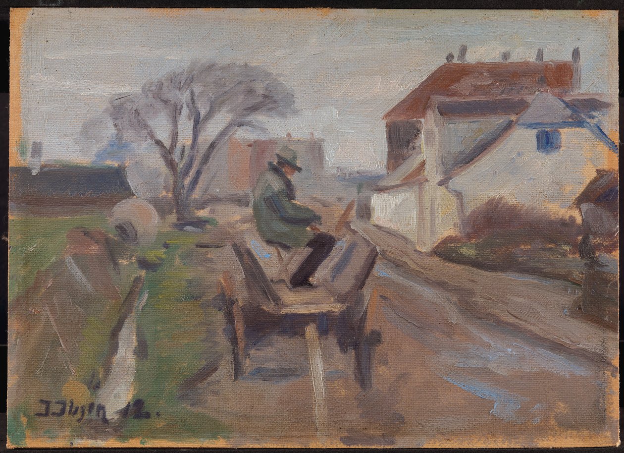 De schilder Ølund Hansen zittend in een wagen schilderend door Immanuel Ibsen