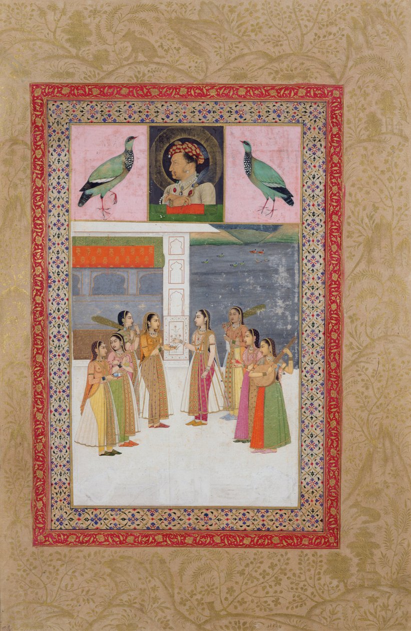 Ms E-14 Portret van Djahangir (1569-1627) twee vogels en edele vrouwen in gesprek door Indian School