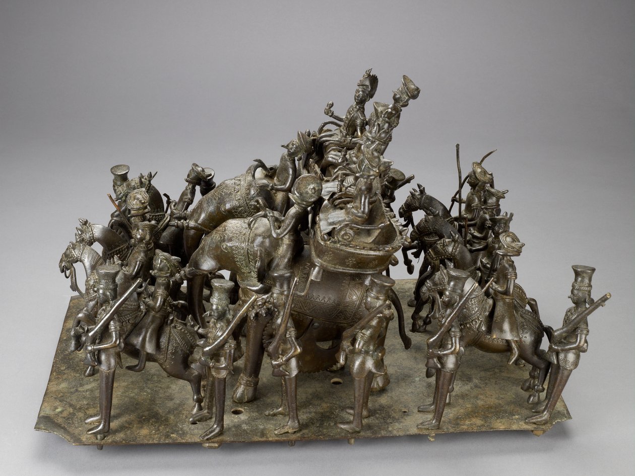 De cavalcade van de koning van Oudh die met de Britse resident op olifanten rijdt, ca. 1820 door Indian School