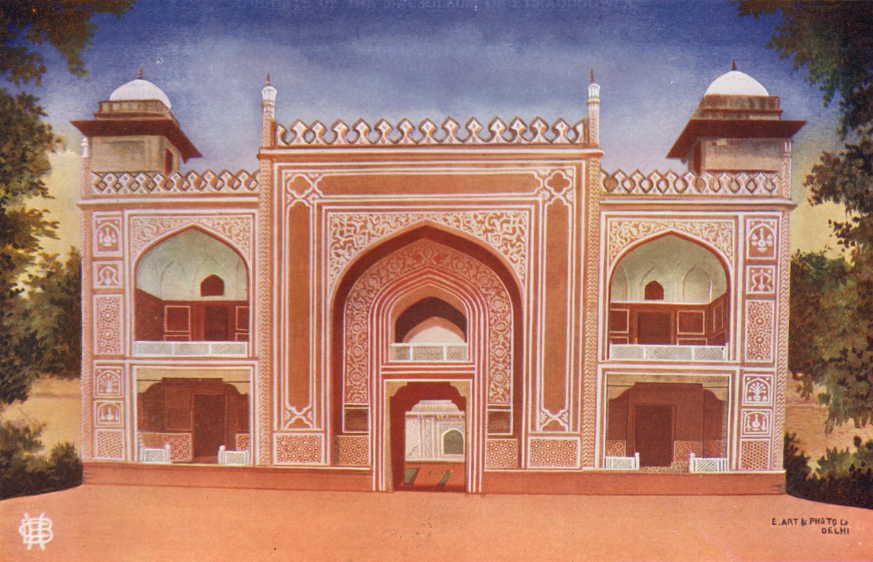 Agra: De poort van het Mausoleum van Etmadudowla (kleurenfoto) door Indian photographer