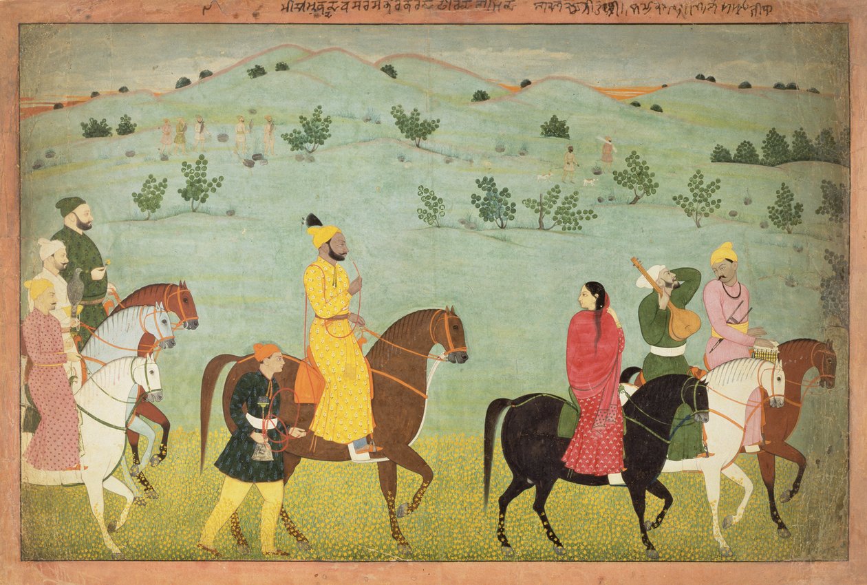 Een Jasrota prins, mogelijk Balwant Singh, op een rijexpeditie, door Nainsukh (fl. 1740-50) Kashmir, c.1751 door Indian School