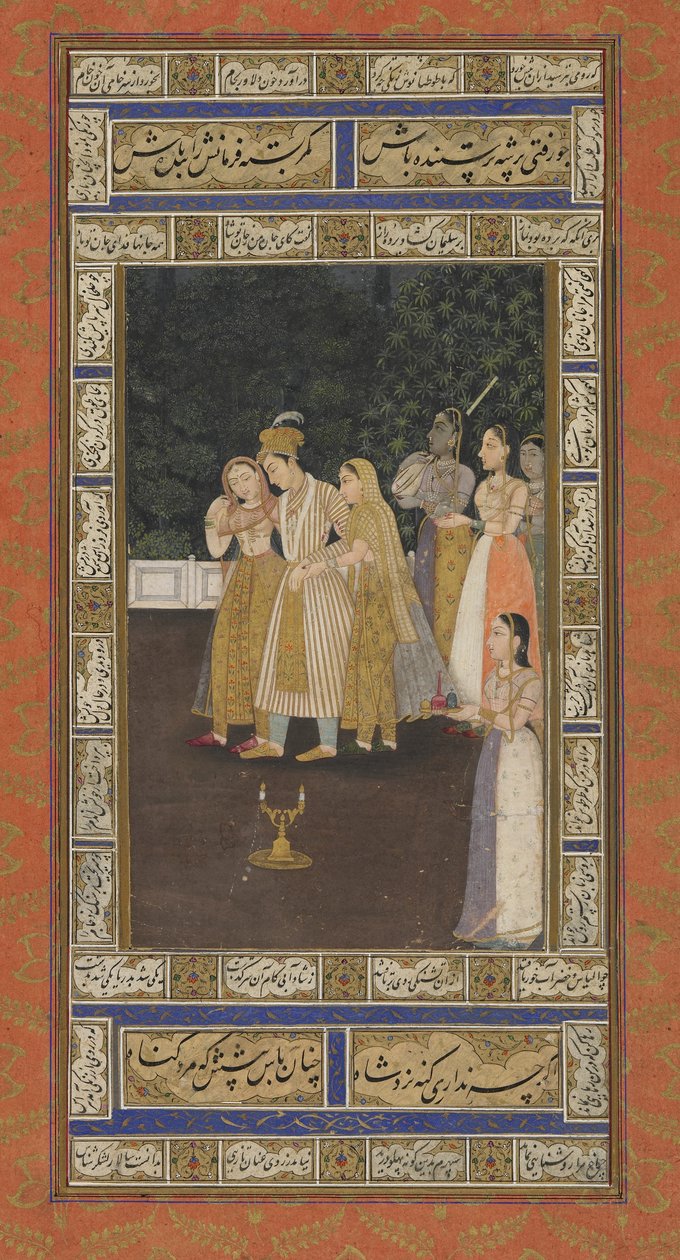 Een Prins met Harem Begeleiders, Albumblad met schilderij, begin 18e eeuw door Indian School