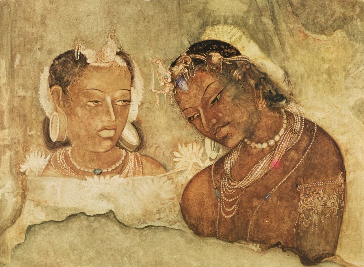 Een prinses en haar dienaar, kopie van een fresco uit de Ajanta-grotten, India door Indian School