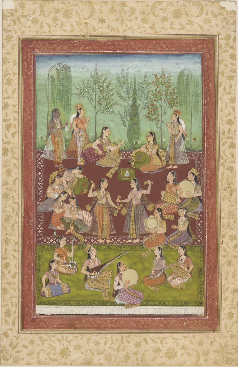 Een groep vrouwen in een tuin, zichzelf vermakend met muziek en dans door Indian School
