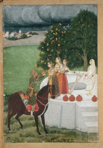 Een bereden prins ontvangt water van dames bij een put, miniatuur uit Murshidabad, c.1760 door Indian School