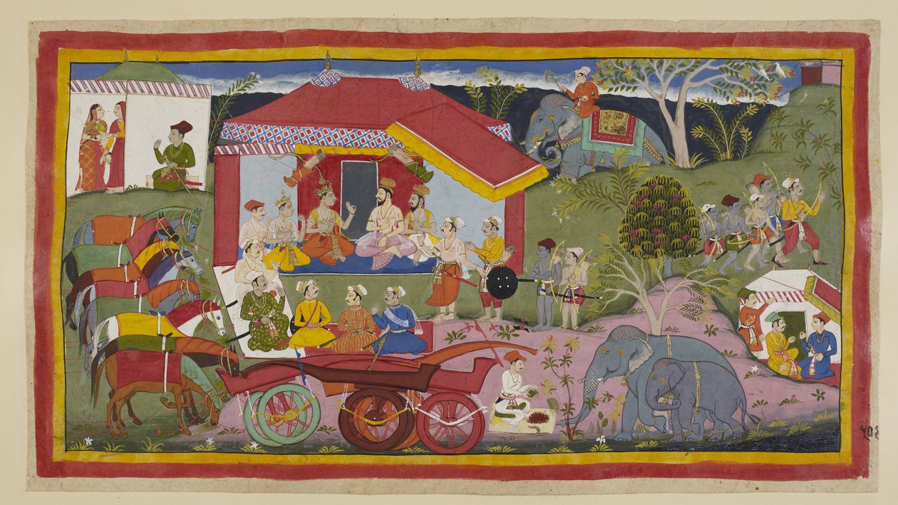 In een kampementsscene wordt Guha de Nishadakoning geïntroduceerd in de vergadering van de prinsen, brahmanen en ministers. De paarden, losgemaakt van de wagens, staan in een rij vastgebonden en geketend, terwijl een mahout poeder bereidt voor de de door Indian School