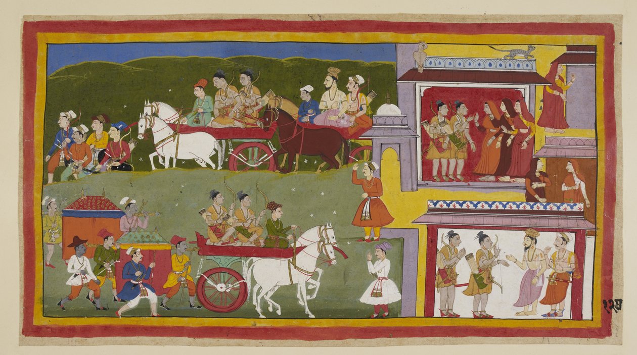 De processie keert terug naar Ayodhya, langs de onderkant van het schilderij, de verdrietige en verlaten stad die het domein is van katten en uilen. Bharata en Shatrughna nemen afscheid van de koninginnen en vertellen Vasistha dat ze zich zullen terugtrekk door Indian School