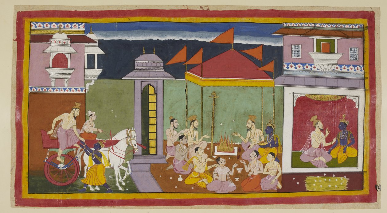 Add 15296 (1) f.15r, Links arriveert Vasistha bij het paleis van Rama en met de hulp van Rama stapt hij uit zijn wagen, en rechts, zittend met Rama, adviseert hij hem om die nacht te vasten zoals de koning heeft opgedragen. Een stapel kusa-gras voor Rama e door Indian School