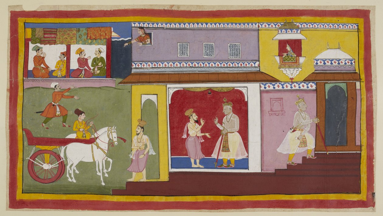 Add 15296 (1) f.18r, Vasistha keert terug naar het paleis en vertelt Dasaratha dat alles klaar is voor de ceremonie. Dasaratha trekt zich terug in een binnenkamer van het paleis. Boven kijkt Kaikeyi