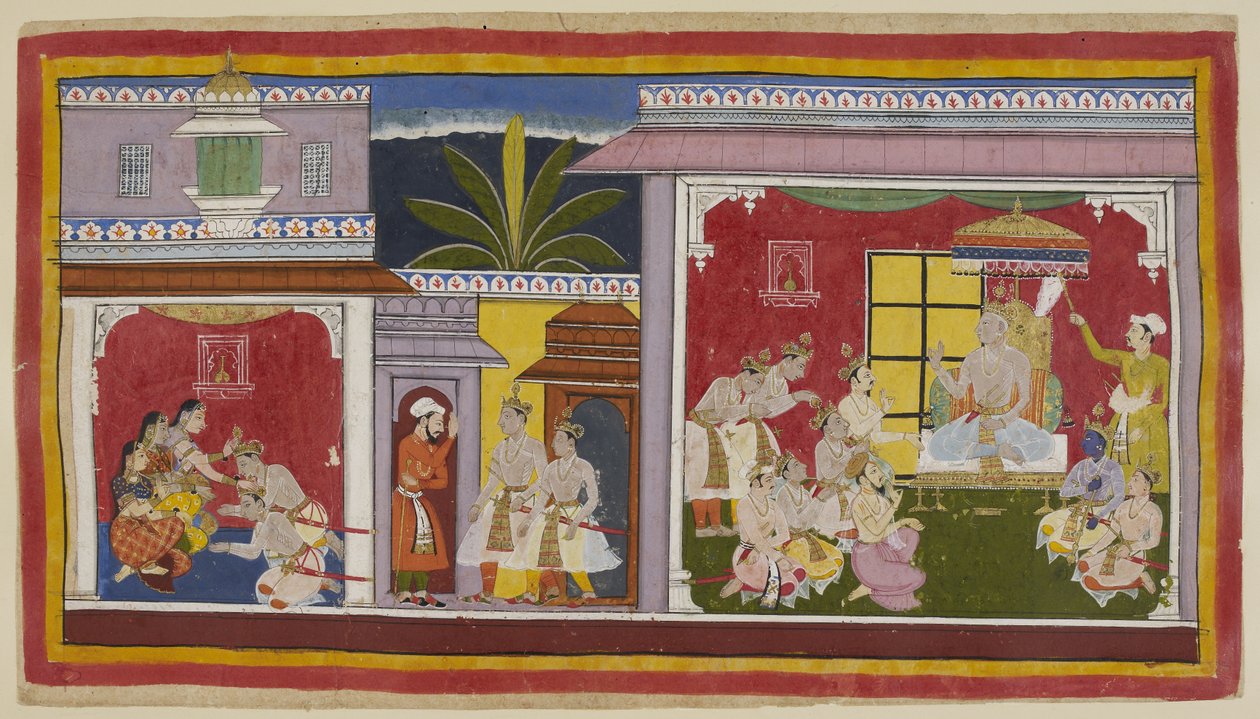 Add 15296 (1) f.2r, In de troonzaal van Ayodhya (rechts), Koning Dasaratha zit met zijn vier zonen, zijn minister Sumantra en zijn hoofdpriester Vasistha. Yudhājit, de broer van koningin Kaikeyi en de oom van Bharata, is gekomen om Bharata te bezoeken door Indian School