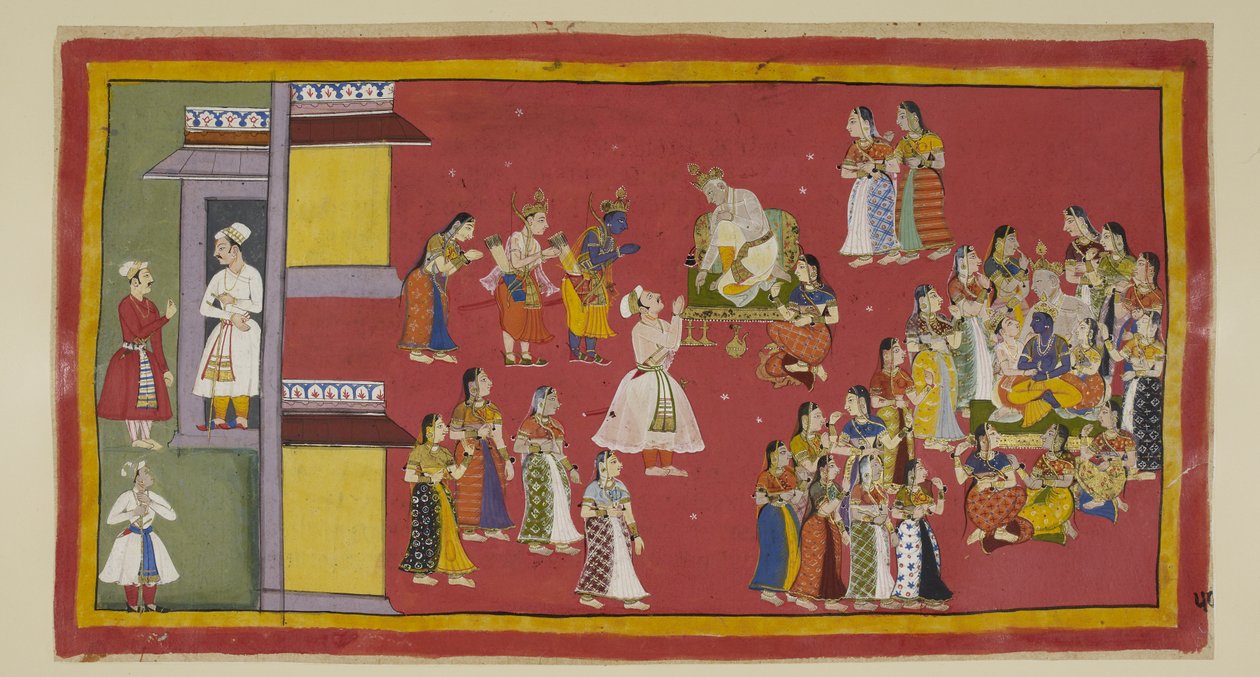 Add 15296 (1) f.50r, Dasaratha had Sumantra eerder bevolen zijn koninginnen en al zijn vrouwen te roepen, die nu de koning omringen wanneer Sumantra de ballingen binnenbrengt om afscheid te nemen. Dasaratha probeert Rama te overtuigen niet naar het bos te  door Indian School