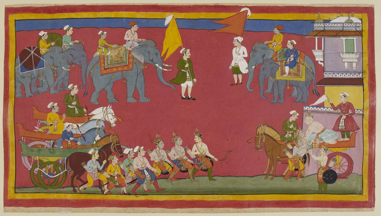 De twee prinsen en hun oom zijn uit hun wagens gestapt en naderen de koning. Hij komt uit het paleis in zijn wagen en buigt zich liefdevol naar hen toe. door Indian School