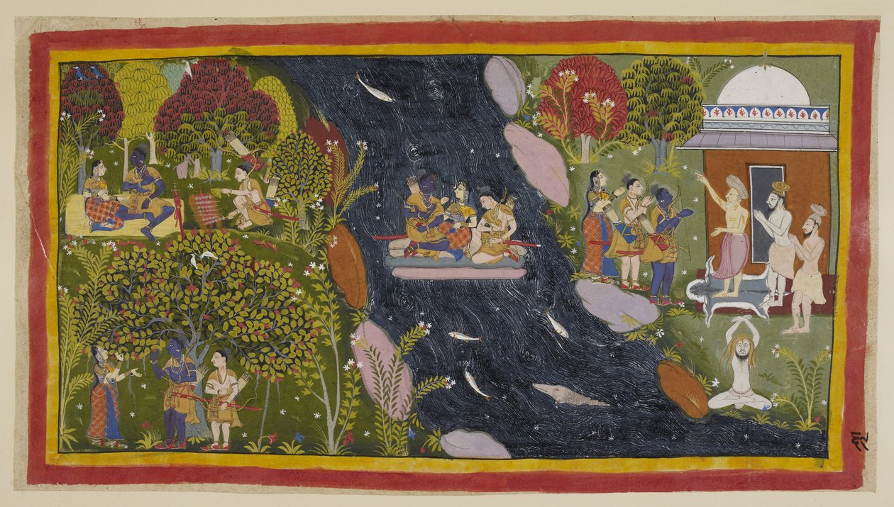 Add 15296 (1) f.69r, Bharadvāja, rechts in zijn hermitage, adviseert de reizigers over de weg naar Citrakuta. In het midden steken ze de Yamuna over op een geïmproviseerd vlot, met Sita die opnieuw bidt tot de godin van de rivier voor een veilige terugkee door Indian School
