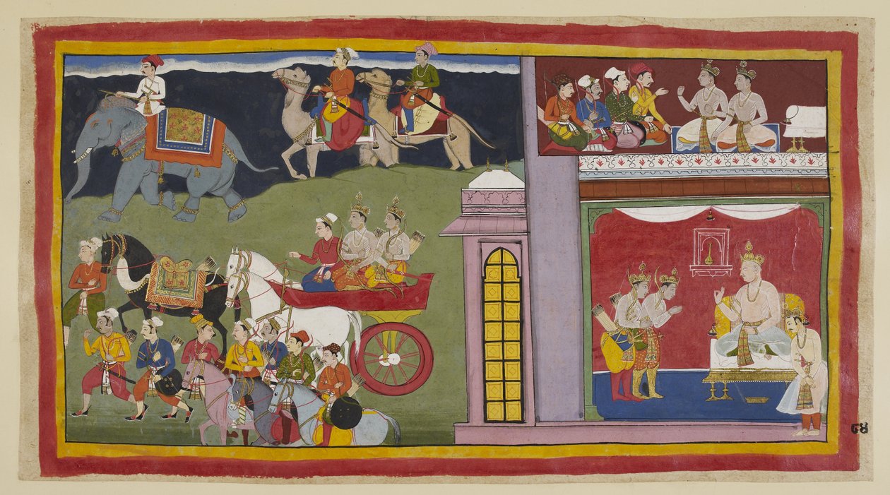De boodschappers, in een bovenkamer, vertellen de prinsen om terug te keren naar Ayodhya. Beneden in de troonzaal, gekleed voor de reis, nemen de prinsen afscheid van koning Kaikeyi en zijn zoon Yudhajit. Ze zitten in een strijdwagen met de boodschappers. door Indian School