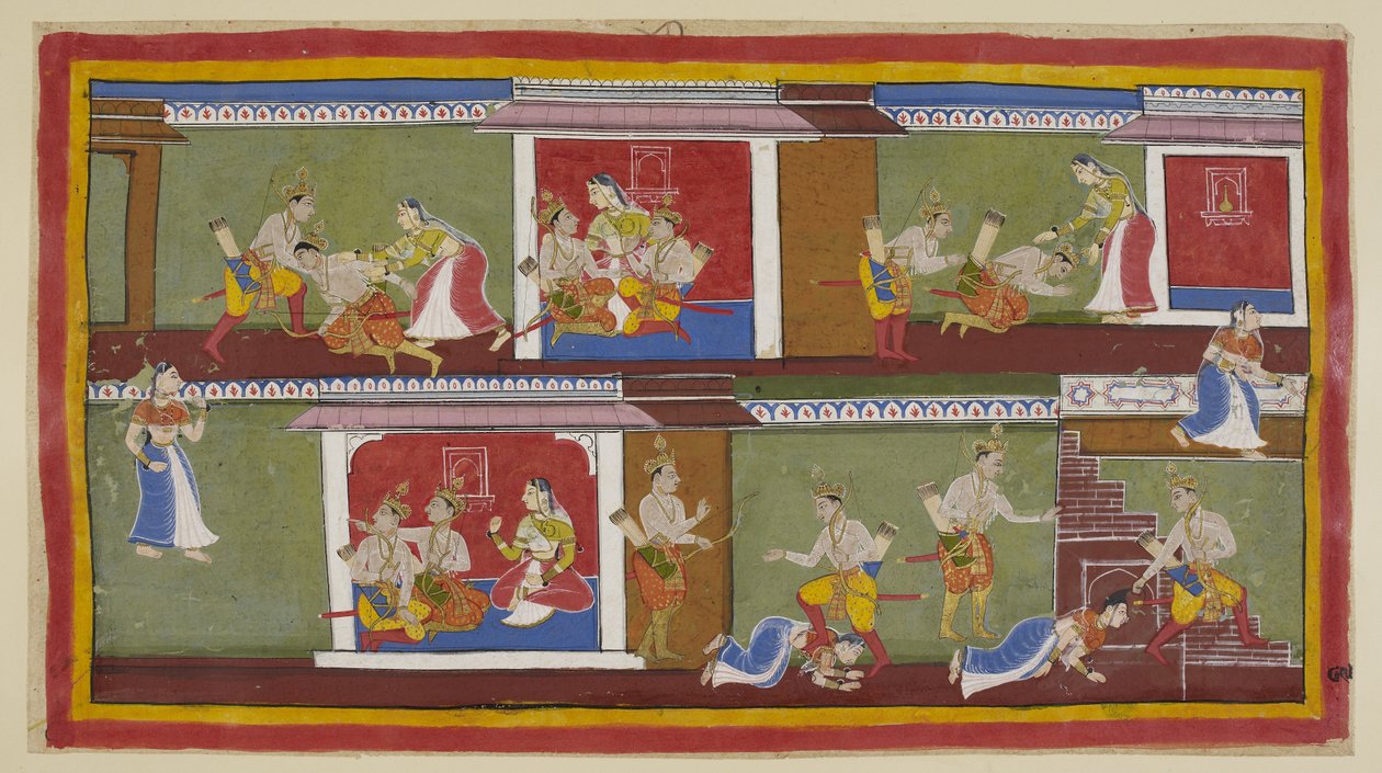 Bharata en Shatrughna begroeten Kaikeyi, die hen op haar schoot neemt, en ze praten over recente gebeurtenissen. Bharata valt flauw als hij hoort over de dood van zijn vader en wat zijn moeder heeft gedaan om zijn troon veilig te stellen. door Indian School