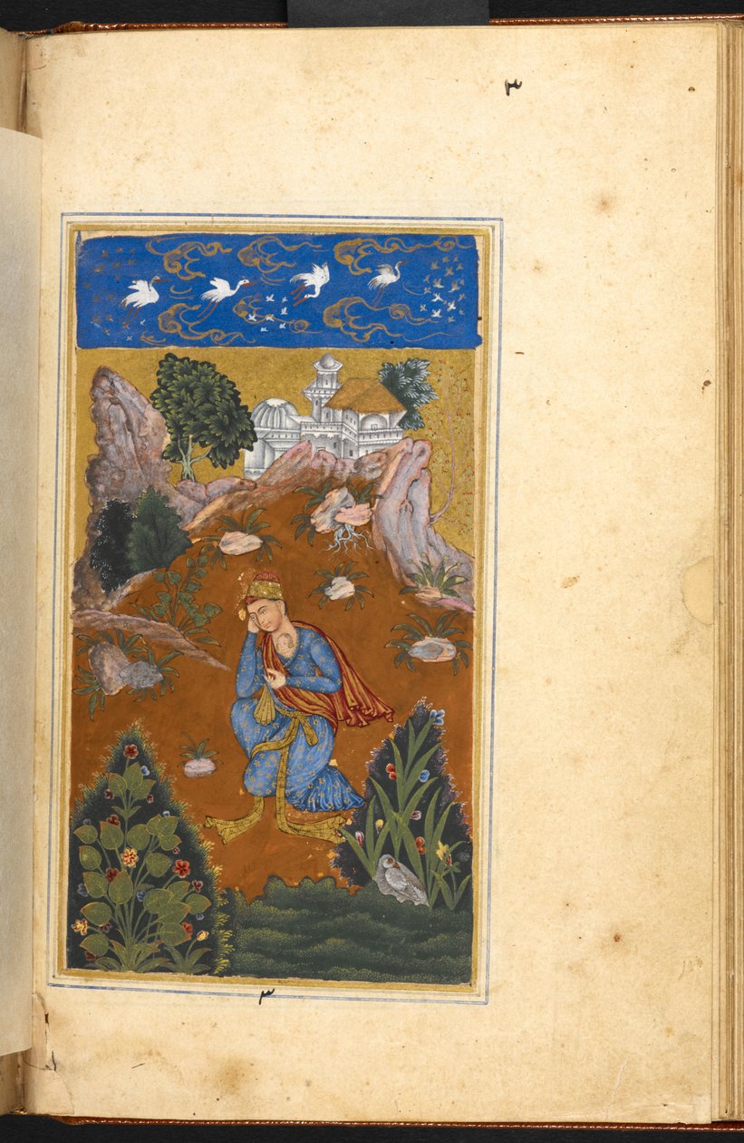 Add. 16880, f.49v, Shahji zwerft op zoek naar zijn geliefde Mahji, wiens beeld in zijn hart is gegrift, Hand A, Bijapur door Indian School