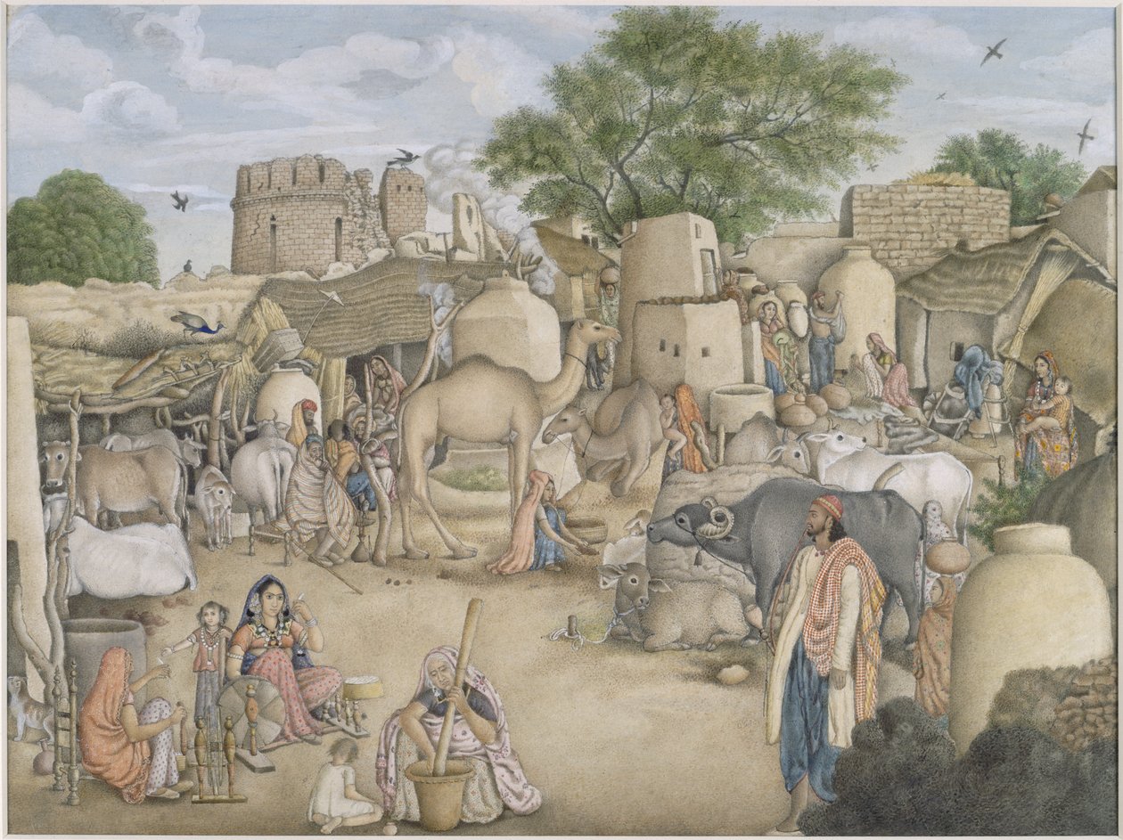 Straatscène in het dorp Raniya, ca. 1816-20 door Indian School