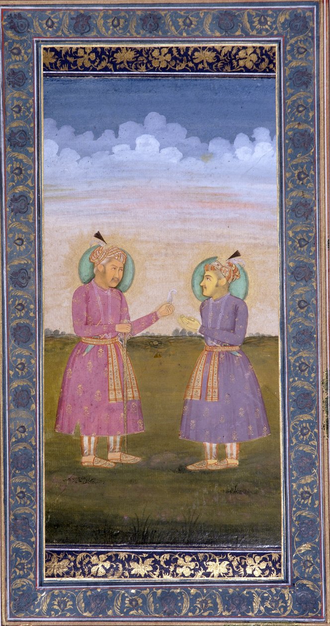 Akbar geeft een juweelveer aan zijn zoon Jahangir, c.1845 door Indian School