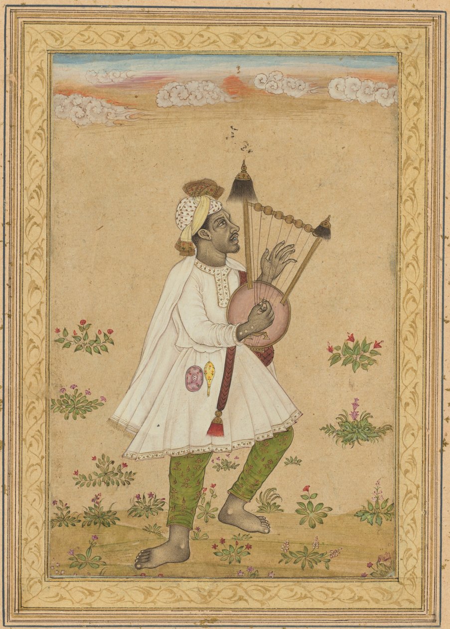 Een Afrikaanse lierspeler, ca. 1640-1660 (inkt, dekkende aquarel en goud op papier) door Indian School