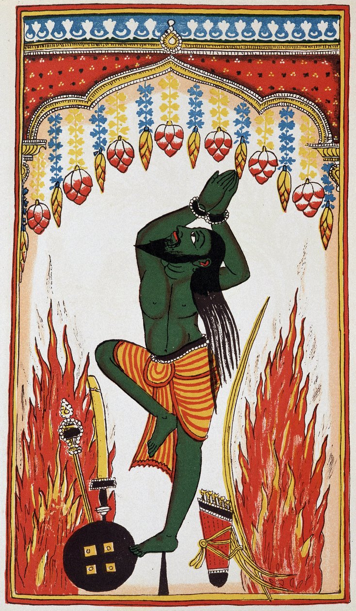 Aradjama, biddend en boetedoening doend om de wapens te verkrijgen die hem onoverwinnelijk zullen maken, litho 18e eeuw. door Indian School