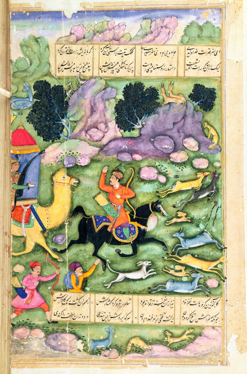 Bahram Gur toont zijn bekwaamheid tijdens de jacht met Azad, folio 107a, uit De Acht Paradijzen, geschreven door Amir Khusrau Dihlavi (1253-1325) gebaseerd op het verhaal uit de Khamsa (Kwintet) door Nizami, Mughal door Indian School