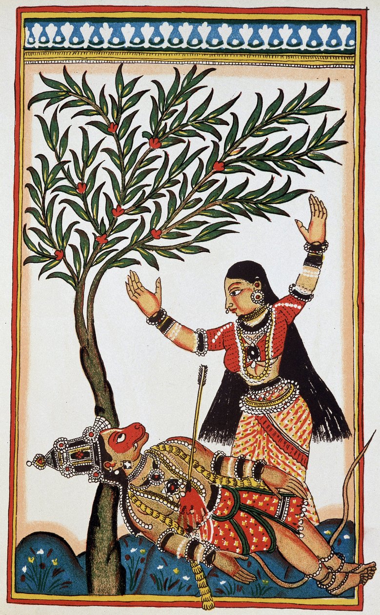 Bali gedood door een pijl, naast hem Tara zijn vrouw, litho achttiende eeuw door Indian School