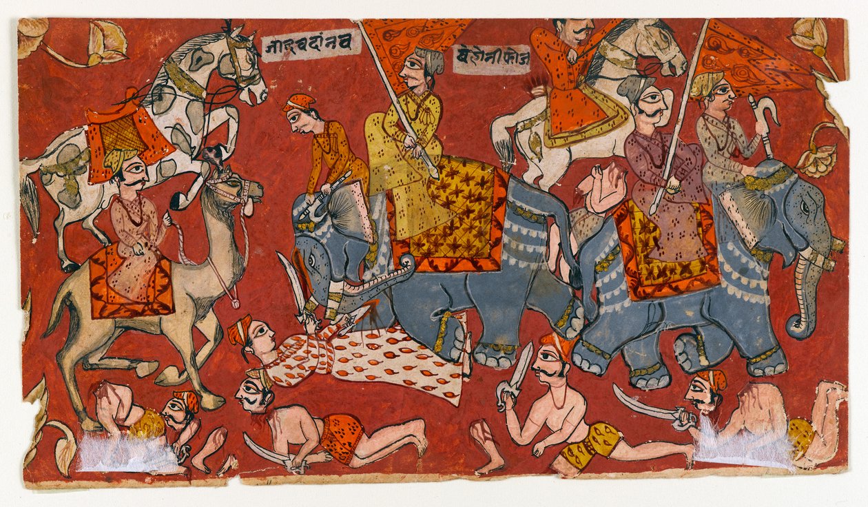 Slagveldscène uit een Bhagavata Purana serie, ca. 1625-50 door Indian School