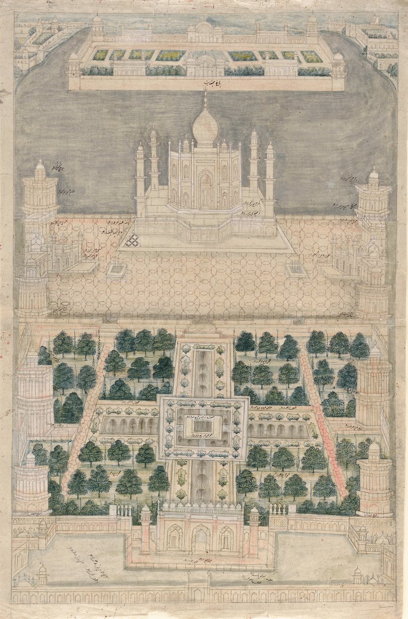 Vogelperspectief van de Taj Mahal in Agra, 1790-1810 door Indian School