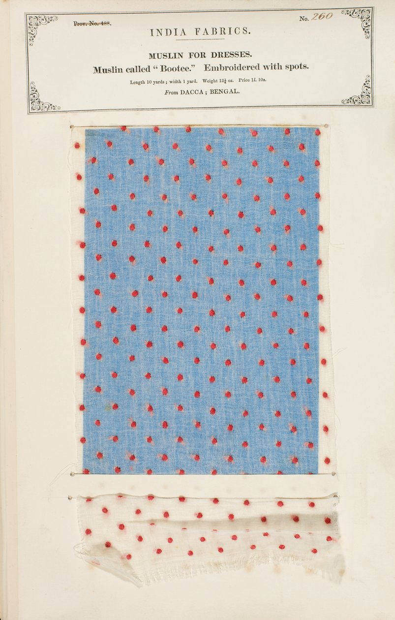 Bootee mousselinemonster geborduurd met stippen uit Dacca in Bengalen, uit The Collection of the Textile Manufacturers of India, door John Forbes Watson, gepubliceerd in 1866 door Indian School