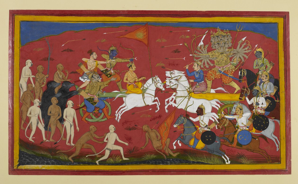 Wagens botsen te midden van voortekenen als Vibhīṣaṇa Rāma aanmoedigt door Indian School