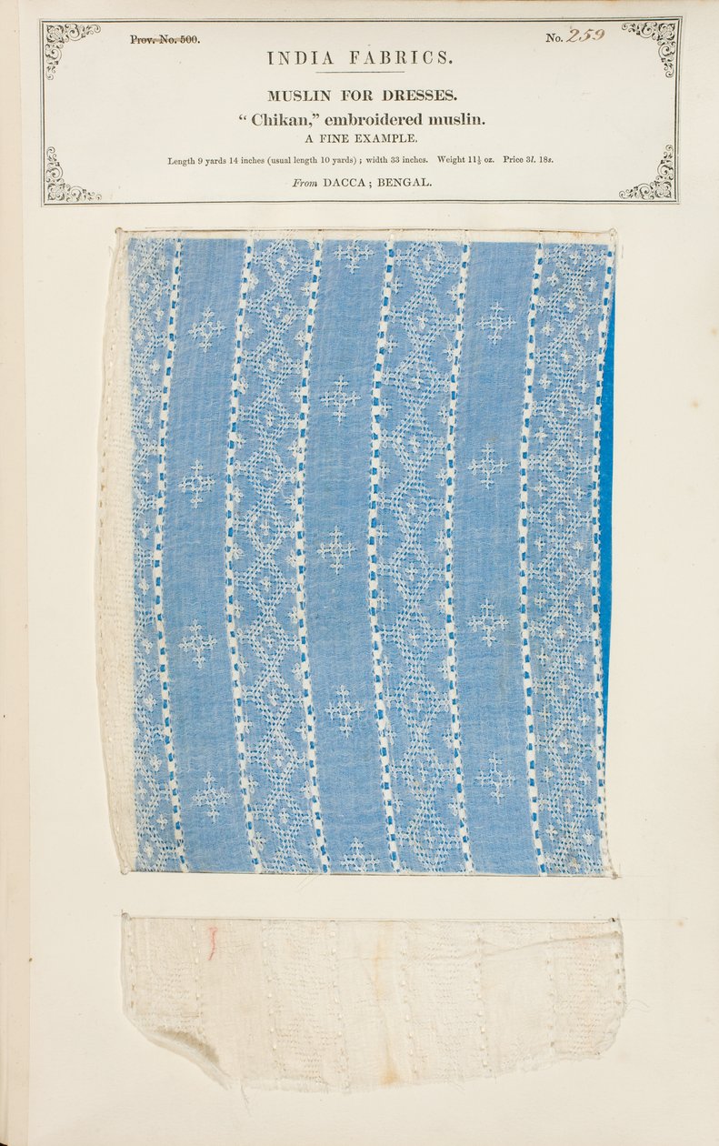 Chikan geborduurd mousselinemonster uit Dacca in Bengalen, uit The Collection of the Textile Manufacturers of India, door John Forbes Watson, gepubliceerd in 1866 door Indian School